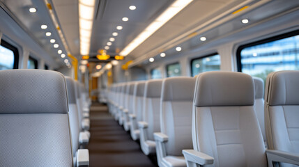 Symmetrical composition of an empty commuter train interior, rows of ergonomic seats in neutral tones, overhead LED lighting casting soft even illumination, reflections along the a