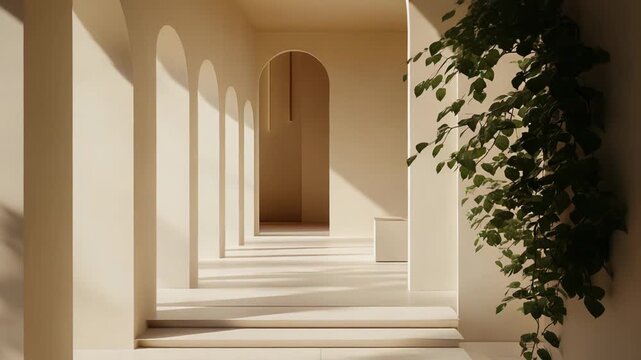 Minimalist architecture featuring a serene interior hall with elegant arches. Creating geometric shadow patterns on the walls and floor. Complemented by an overflowing green plant for natural harmony