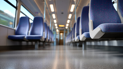 Obraz premium Close-up perspective along the aisle, polished floor reflecting LED lights, empty upholstered seats on either side, handrails and overhead luggage racks softly fading into the dist
