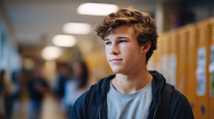 Naklejka premium Cinematic side-profile of a student standing alone in a brightly lit school hallway, blurred classmates chatting in the background, soft focus on the studentâs hesitant expression,