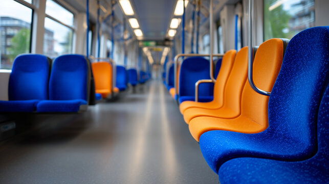 Wide-angle shot capturing the full length of a spotless train carriage, rows of vibrant yet minimalist seats, stainless steel handrails catching subtle light, perspective lines gui