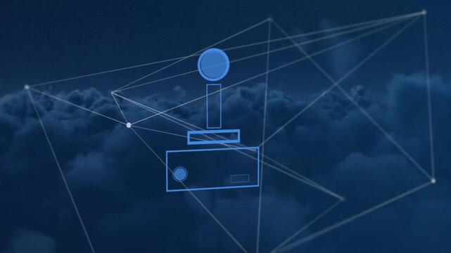 Animation of video game controller icon and network of connections over dark clouds