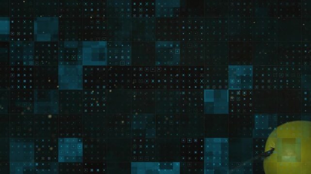 Animation of arrow piercing through granny smith apple over squares shapes and dots