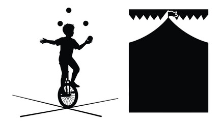 A juggler balancing on a unicycle under a big top silhouette © MDHANZALA