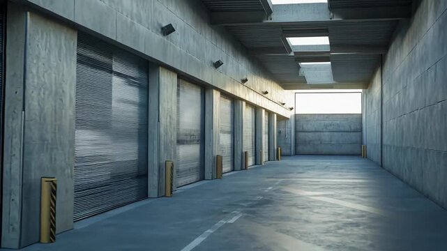 Industrial warehouse interior featuring rows of concrete loading docks with closed rolling shutter doors, creating an atmospheric, architectural perspective of modern storage and logistics design