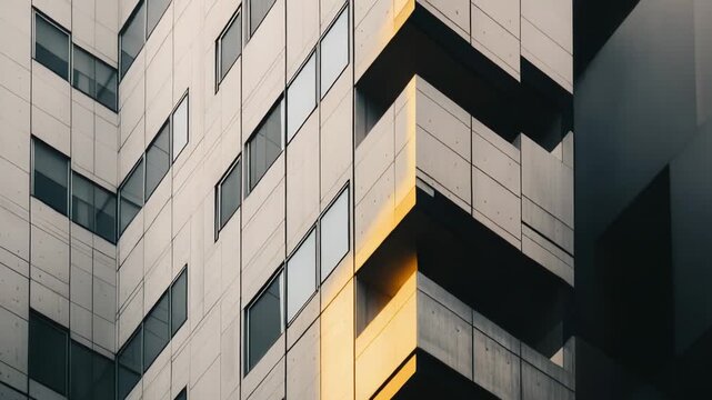 Modern architectural building facade featuring geometric lines and concrete panels, illuminated by a strong golden ray of sunlight creating sharp shadows and highlighting abstract patterns