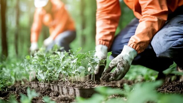 Planting Hope: Volunteers diligently plant saplings, fostering growth in a revitalized area, promoting a sense of renewal, and a positive contribution to ecological sustainability.