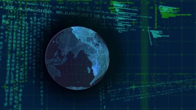 Animation of globe, grid pattern and computer language over abstract background