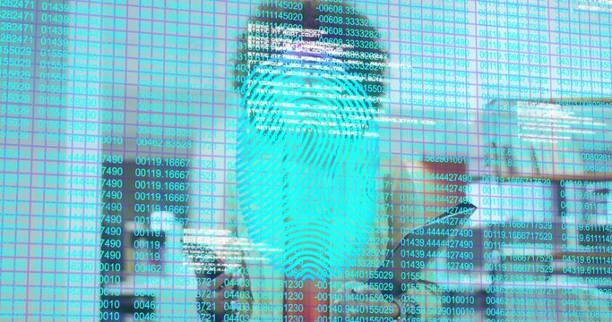Displaying large cyan fingerprint hologram dominating glass panel at office lobby, numeric grid