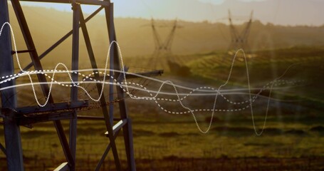 Framing metal lattice tower showing ladder and safety chain in rural fields with waveform overlays