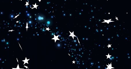 Naklejka premium Glowing stylized stars and blue particle band stretching across navy space, with light trails