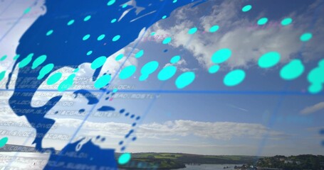 Fototapeta premium Overlaying blue world map with turquoise nodes and code lines over river, hills, shoreline village
