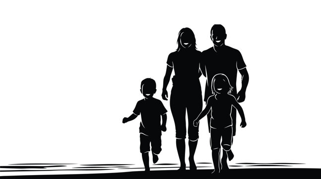 Silhouette of a family of three walking together on a plain background