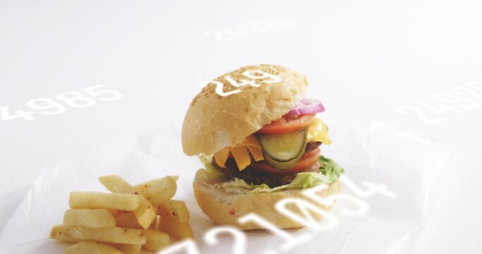 Showcasing cheeseburger with sesame-seed bun, melted cheddar in studio, fries and numeric overlays
