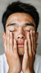 Contemplative young man with eyes closed, hands on face expressing serenity and introspection
