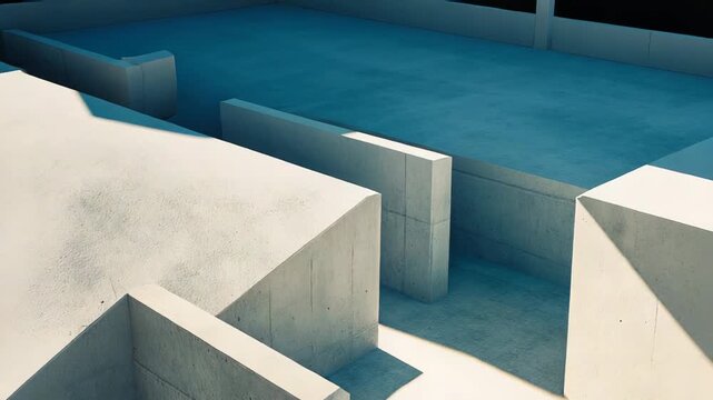 Raw concrete walls and platforms forming a maze like structure with strong shadows, highlighting the geometric design and minimalist aesthetic under bright daylight