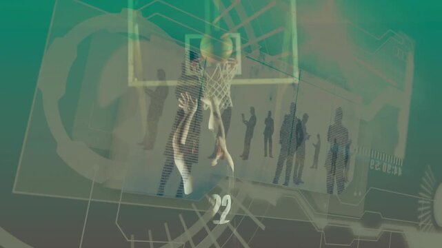 Basketball player 2 shifting grip, leaping and dunking to score with HUD scrolling behind backboard