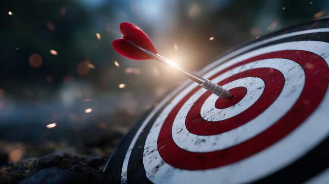 Perspective from slightly below target, dart embedded in bullseye, surrounding rings blurred, sunlight casting soft highlights across board and tip, cinematic visualization of stra