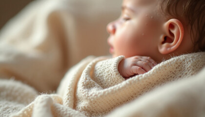Newborn baby wrapped in soft beige blanket sleeping peacefully. Adorable infant bundled in cozy knit fabric with delicate fingers peeking out, creating a serene atmosphere.
