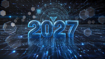 Futuristic blue 2027 text on digital circuit board with glowing technology elements