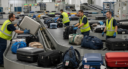 Airport ground staff in yellow vests and blue gloves sorting passenger luggage on a conveyor belt system in a brightly lit baggage handling area