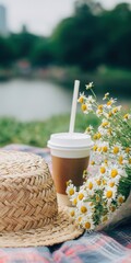 Summer picnic with daisies, straw hat, and coffee cup