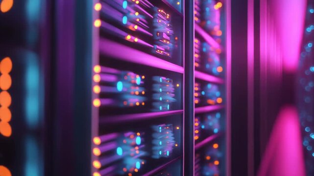 Server room racks glowing with vibrant neon lights, symbolizing robust data processing, cloud computing, and advanced technology infrastructure in a secure, futuristic digital space
