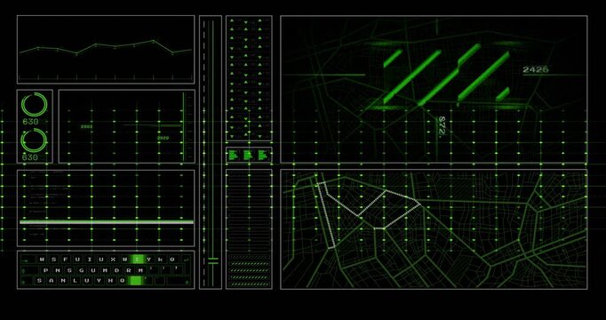 Neon green waveform starting at left pulse crossing grid lighting map showing system state