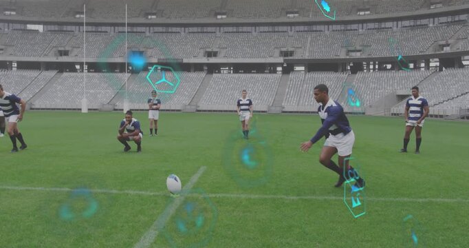 Rugby kicker initiating run-up and striking ball during training, HUD hexagons tracking ball flight