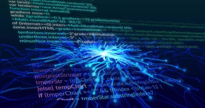 Glowing core emerging at center, tendrils extending and code lines sliding, visualizing data flow