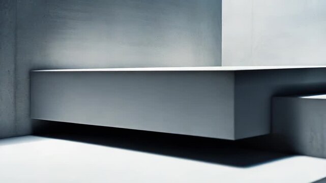 Minimalist concrete interior with geometric platform and sharp shadows, creating a serene, empty stage and clean monochrome backdrop for product display or modern design concepts