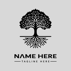 Obraz premium A black logo featuring a stylized tree with roots and leaves, accompanied by placeholder text for a name and tagline on a gray background, in a vector illustration style.