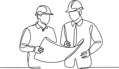 Two engineers collaborating on a project, examining a blueprint together, standing in a modern office environment from a straightforward viewpoint