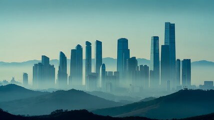 Fototapeta premium Futuristic Misty Cityscape with Tall Skyscrapers Emerging from Haze and Mountains