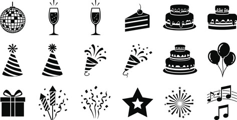 Fototapeta premium Black and white illustration of various birthday party icons and symbols