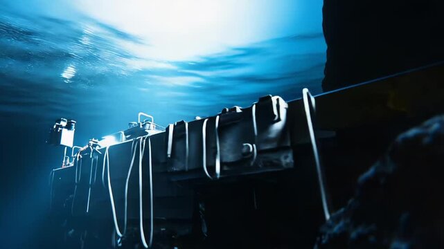 Remotely operated vehicle traversing the dark ocean depths, using advanced technology and lights to investigate the mysterious underwater terrain and marine environment