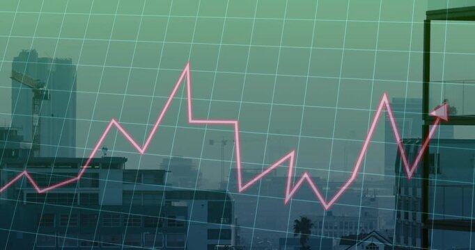 Pink zigzag trend line appearing at left edge and drawing across green grid indicating market trend