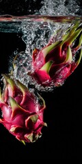 Dragon fruits falling into clean water with splash and bubbles
