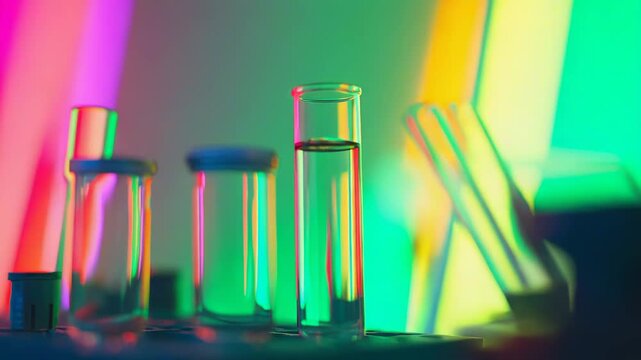 Laboratory glassware, including test tubes and vials, stand against a vivid, colorful background, creating an atmosphere of scientific discovery and experimentation
