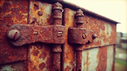 Close up of heavily rusted metal hinges on a vintage supply crate revealing intricate texture and deep corrosion