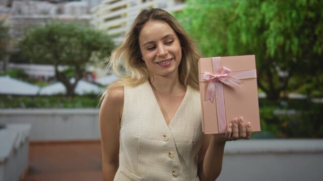 Woman showing thumbs up and holding a pink gift box with satin ribbon in front of building facade on a terrace; joyful celebration.