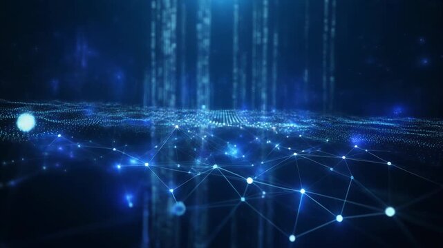 Complex network of interconnected blue nodes and lines in a digital space.