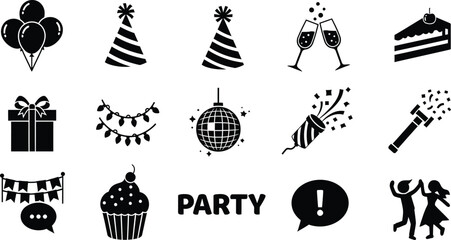 Naklejka premium Black and white party icons and symbols