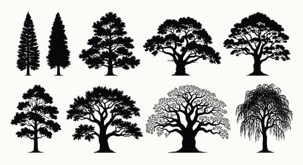 Obraz premium Silhouettes of various tree types arranged in a grid formation