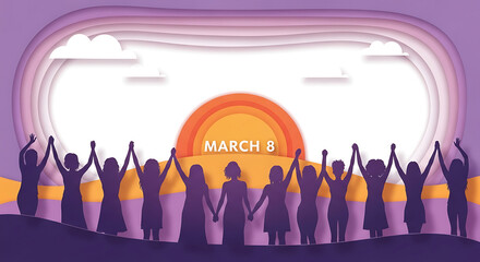 Inspiring March 8 celebration greeting card with silhouettes of diverse women holding hands in unity against a paper cut sunset background. Layered papercraft illustration.