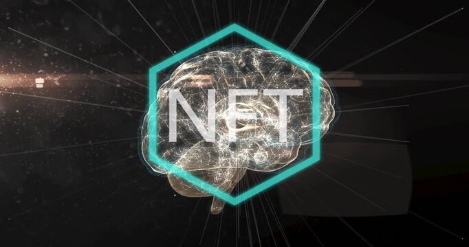 Wireframe brain turning, teal hex drawing, pulsing, causing letters morphing into NFT, showing mark