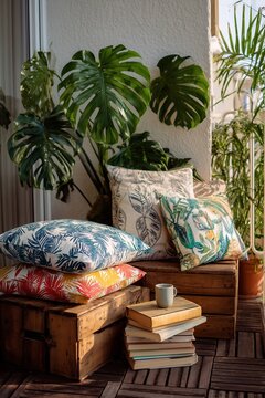Bohemian balcony corner with monstera, colorful cushions, books and a ceramic cup on rustic crate. Quiet outdoor nook for relaxed reading and morning sun.