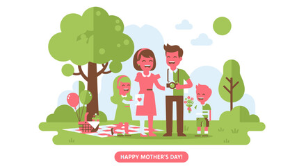 Fototapeta premium Joyful Family Enjoying a Sunny Day Picnic with Colorful Balloons Presenting Flowers and a Handmade Card to Mother