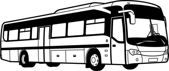 A black and white illustration of a large passenger bus © Vector Kings