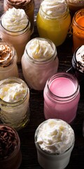 Refreshing colorful milkshakes and smoothies with whipped cream